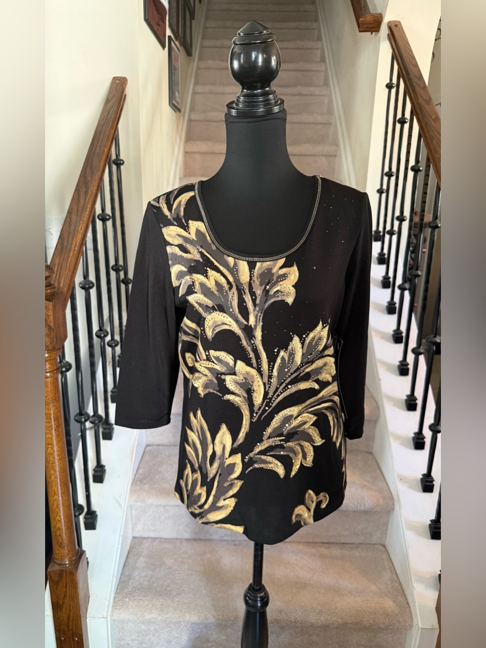 Onque Casuals Black Top with Gold Leaf Design & Sparkle Accents